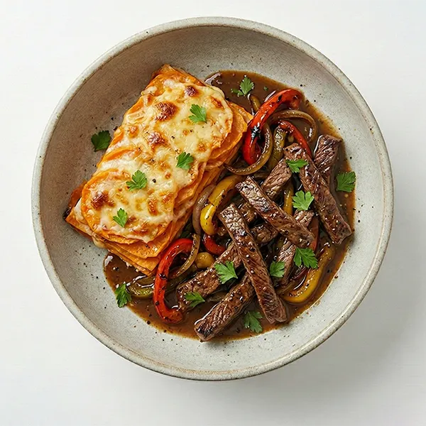 Pan Jus Beef with Sweet Potato Gratin